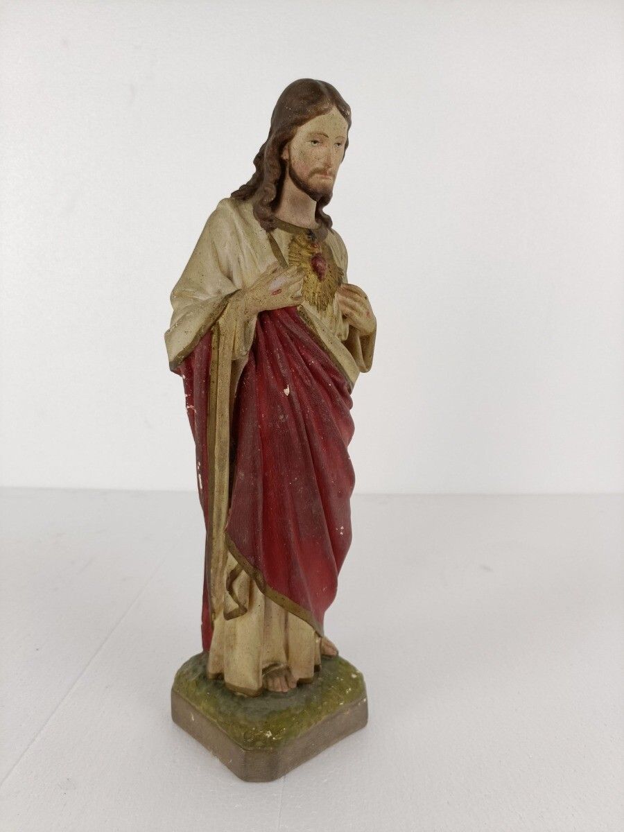 Statue Jesus Christ Savior Sacred Heart Holy Heart Plaster Antique Art Deco photo vinterior