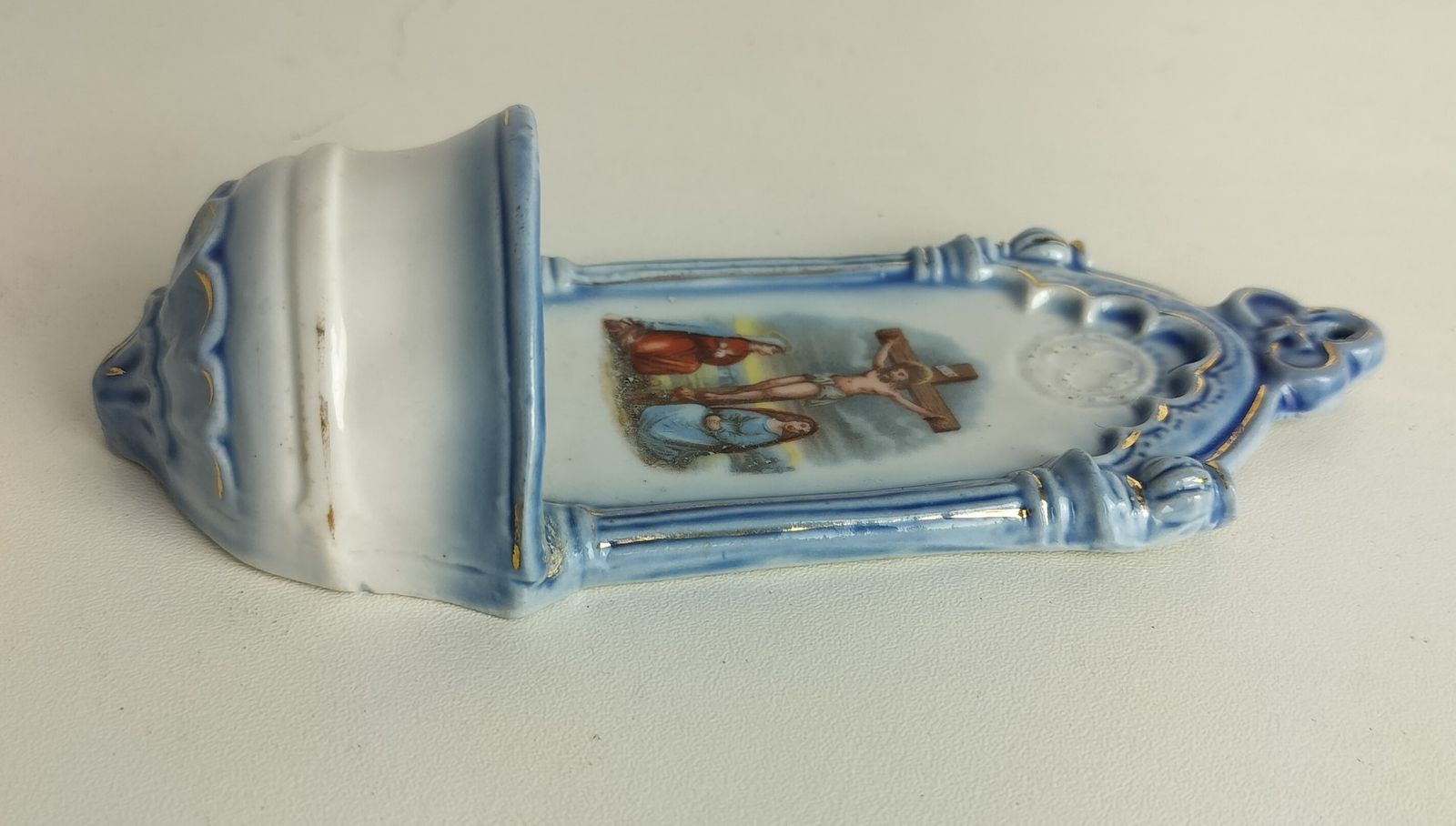 Antique Small Holy Water Font Vessel Bisque Porcelain Crucifixion Calvary Lovely photo for sale