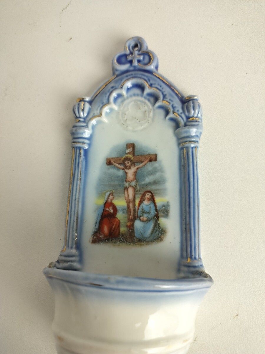 Antique Small Holy Water Font Vessel Bisque Porcelain Crucifixion Calvary Lovely photo vintage