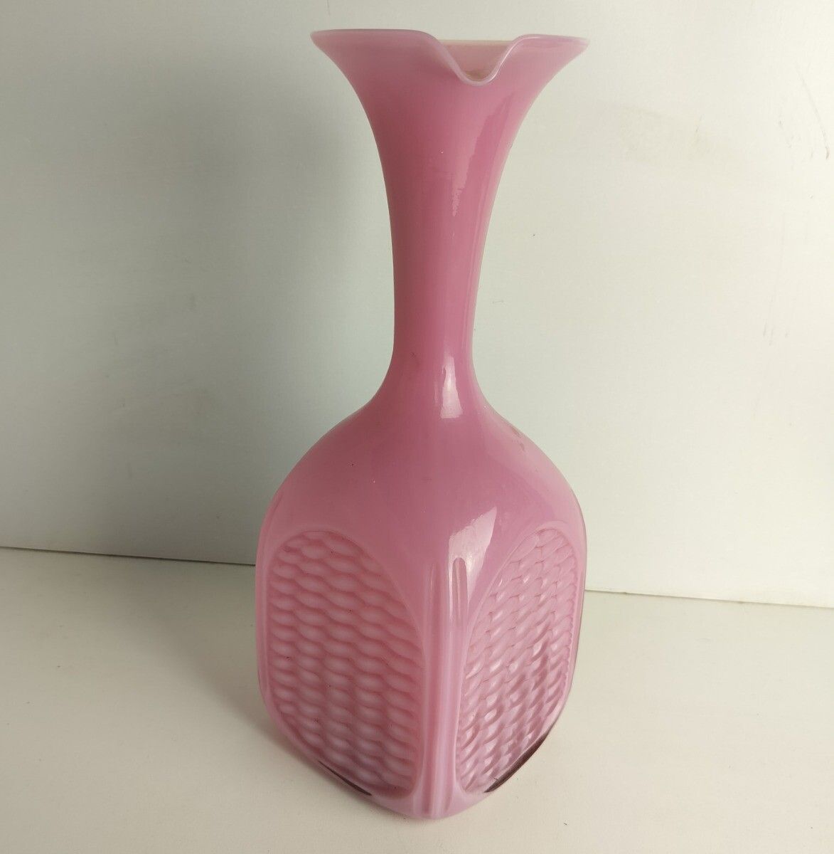 Vintage Cased Glass Opaline Pink Pitcher Jar Quilted Pattern White Ear Vase photo 175.0