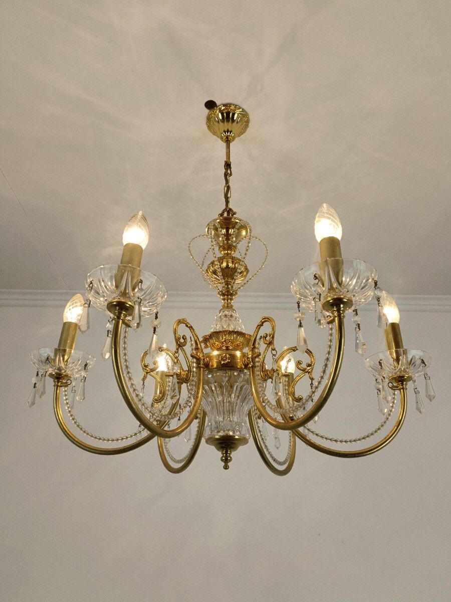 Chandelier Hollywood Regency Vintage 70s Brass Glass 6 Lights Pendant Ceiling Li photo Lighting