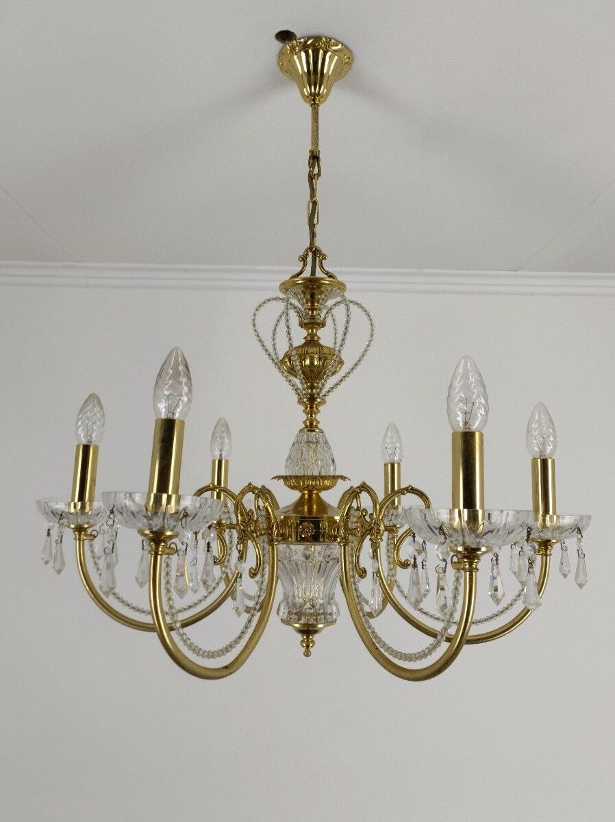 photo for sale Chandelier Hollywood Regency Vintage 70s Brass Glass 6 Lights Pendant Ceiling Li
