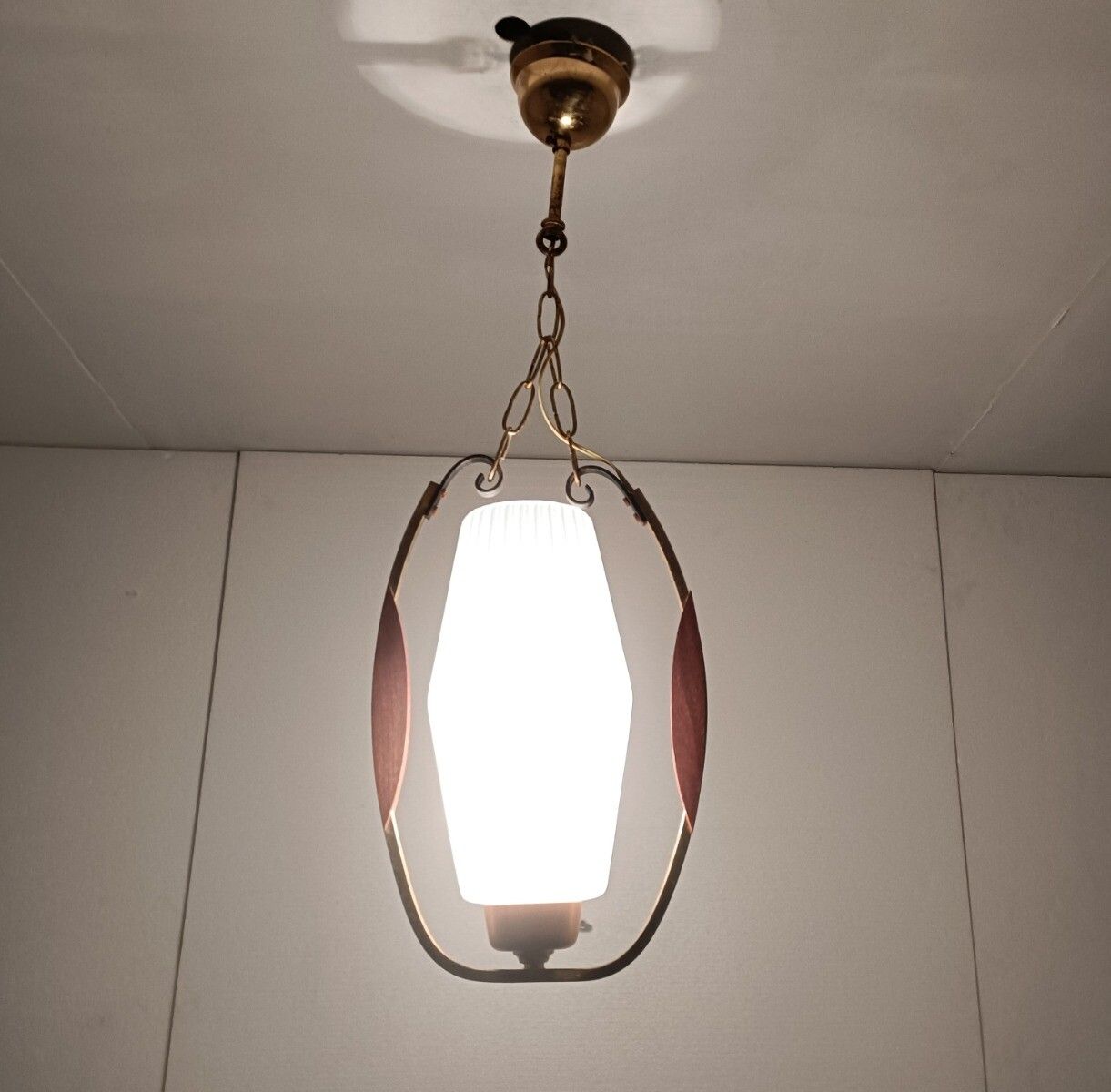 Danish Modern Chandelier Pendant Teak Brass Opaline Glass Atomic Retro Pop Art photo furniture