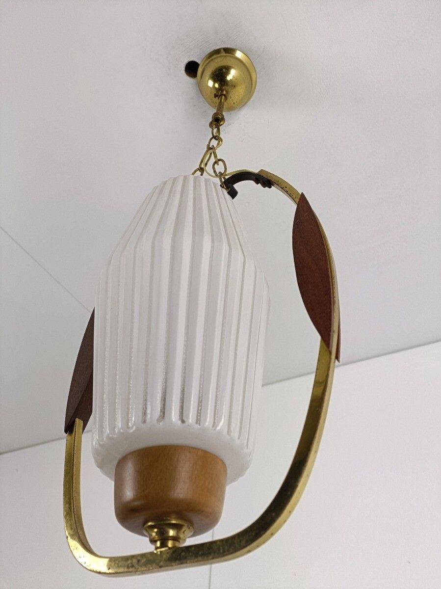 Danish Modern Chandelier Pendant Teak Brass Opaline Glass Atomic Retro Pop Art photo buy