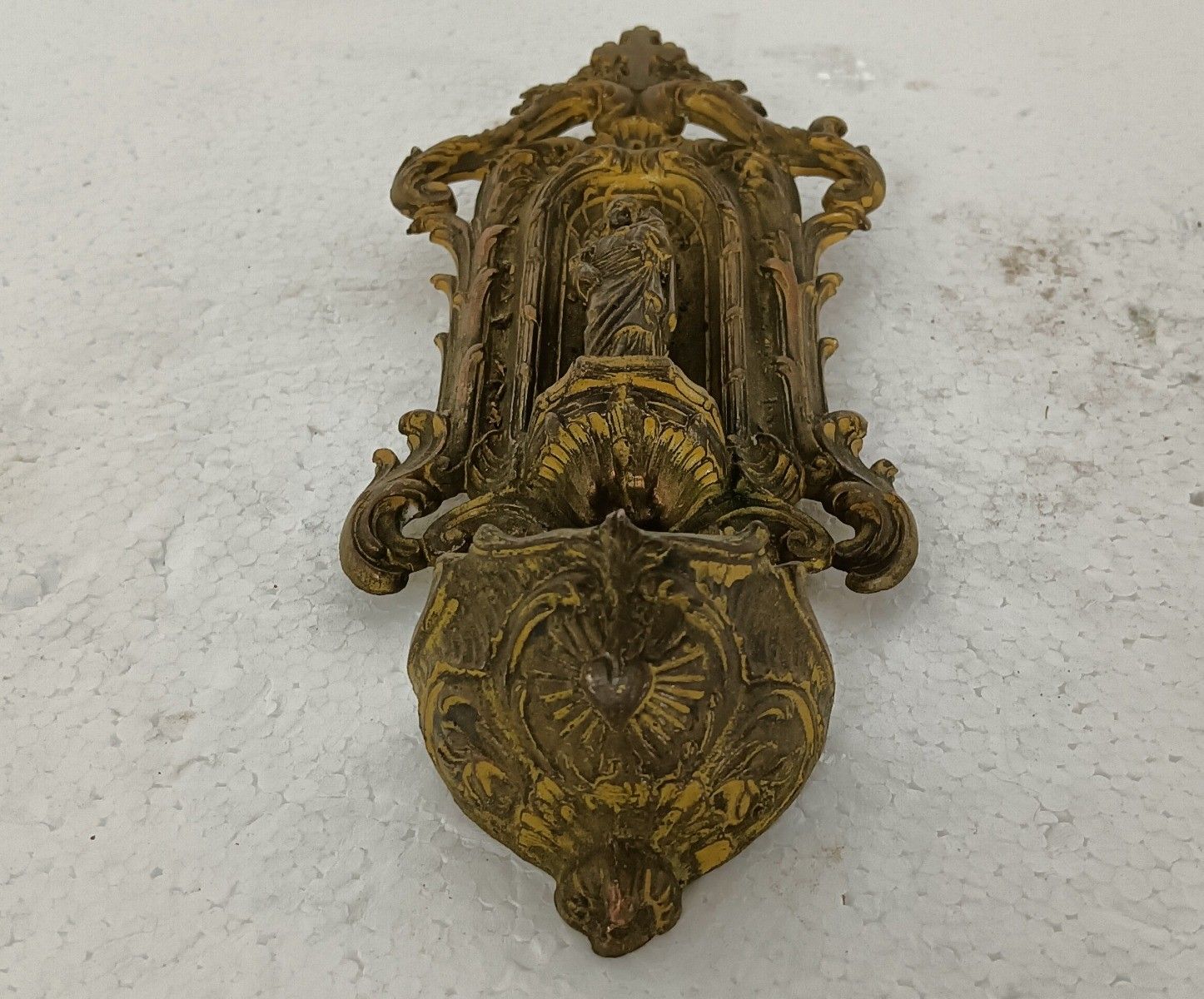 Holy Water Font Saint With Infant Jesus Spelter Antique Art Deco Wall Hanging photo 79.0