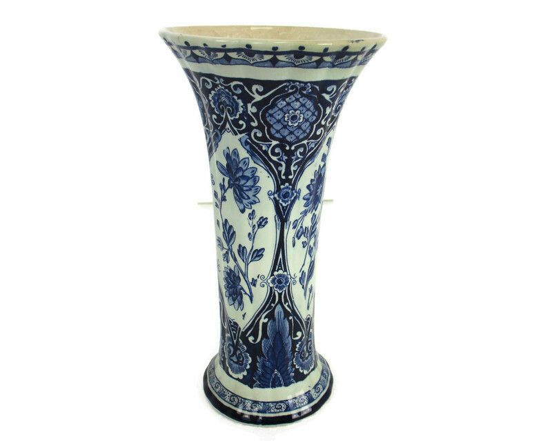 Delft Holland Blue White Porcelain Trumpet Vase  Delft Marked Antique