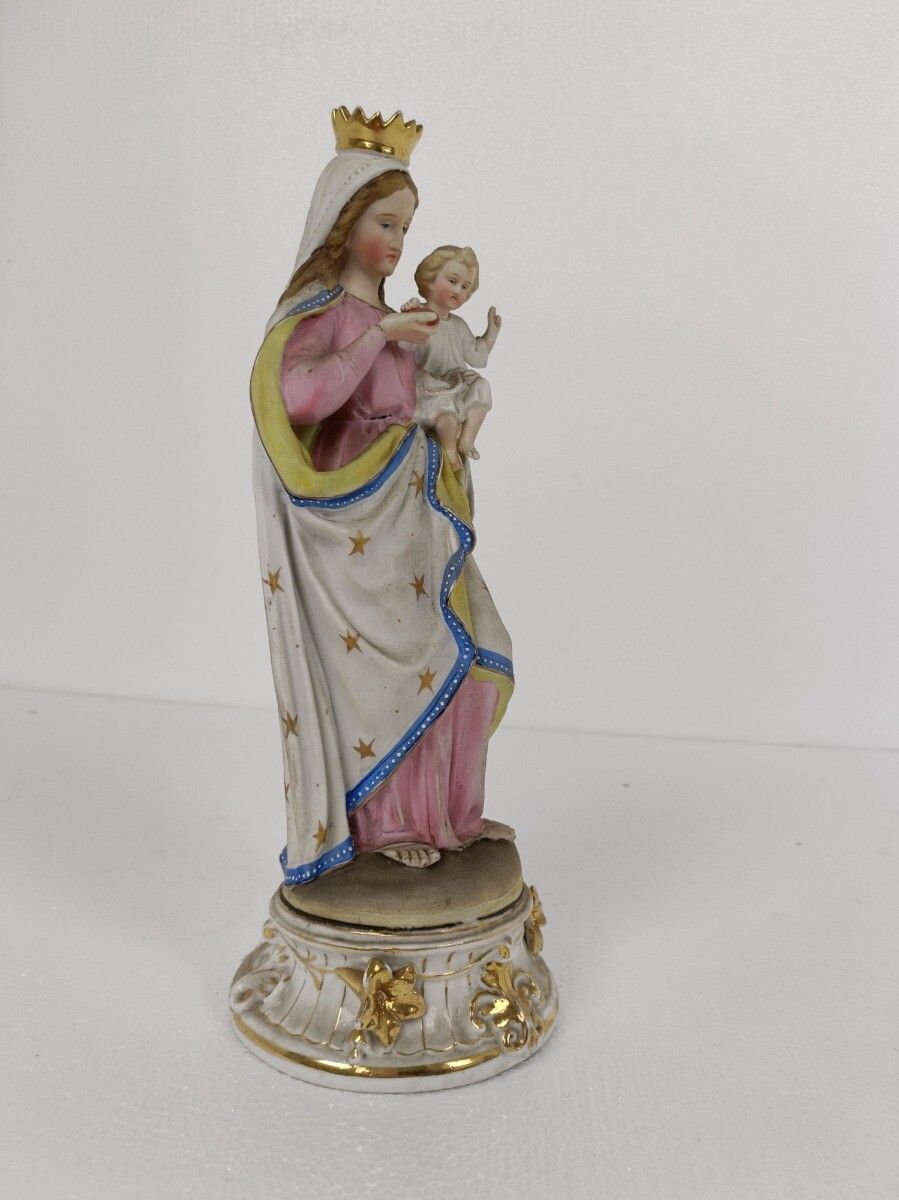 French Antique Bisque Statue  Virgin Mary Lady Madonna Infant Jesus Beautiful Fr photo furniture