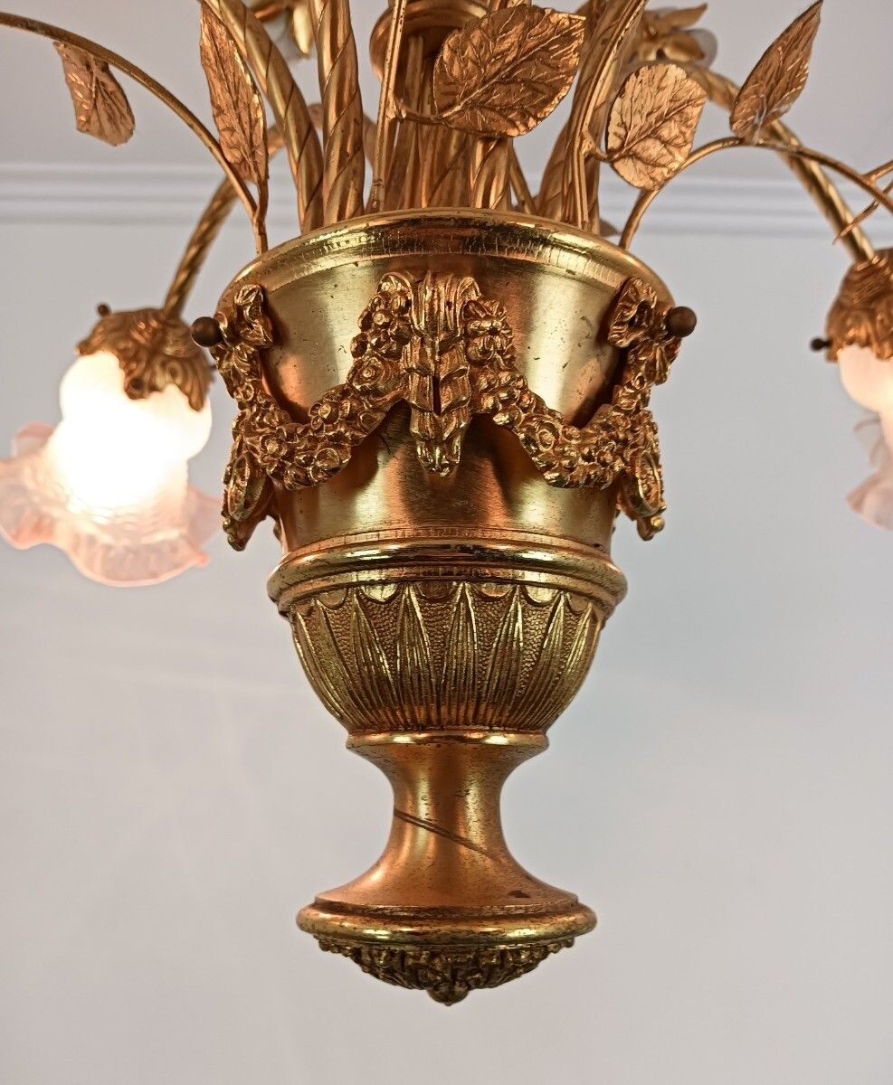 Gorgeous Chandelier Spelter Brass Porcelain Glass Shades Tulip Form Italian Flow photo 728.0