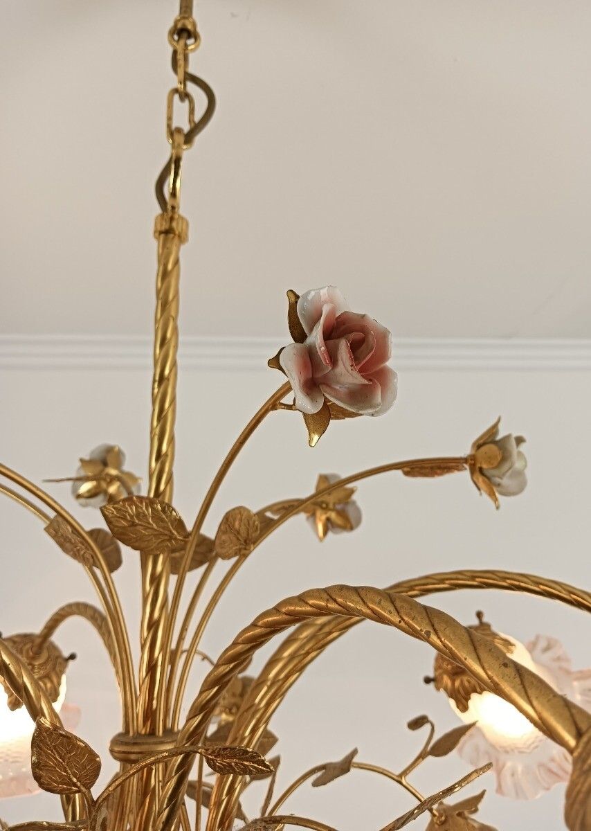 Gorgeous Chandelier Spelter Brass Porcelain Glass Shades Tulip Form Italian Flow photo buy