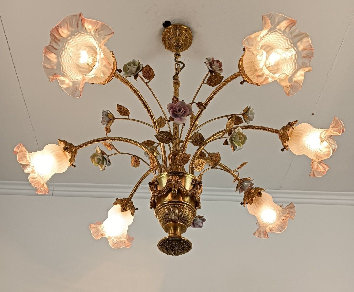 Lighting Gorgeous Chandelier Spelter Brass Porcelain Glass Shades Tulip Form Italian Flow photo