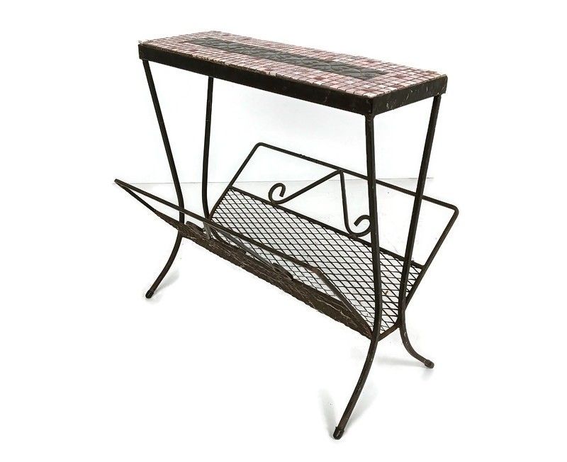 Wrought Iron Mid Century Magazine Rack Newspaper Basket Side Table Mosaic Tiles