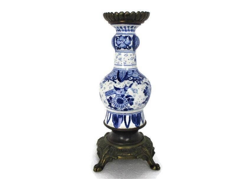 Vase Delft Holland Blue White Porcelain Brass Base And Top Centerpiece Candle Ho