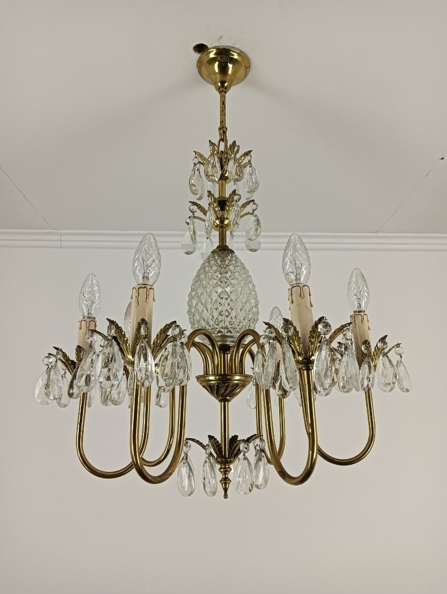 Hollywood Regency Chandelier Crystal Pine Apple Brass Prisms Stunning 6 Lights photo furniture