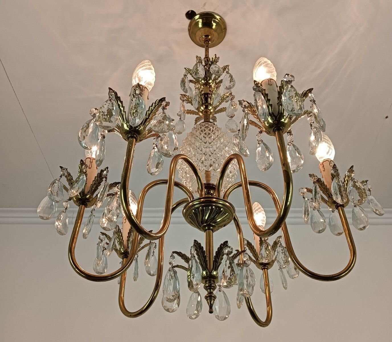 Hollywood Regency Chandelier Crystal Pine Apple Brass Prisms Stunning 6 Lights photo vinterior