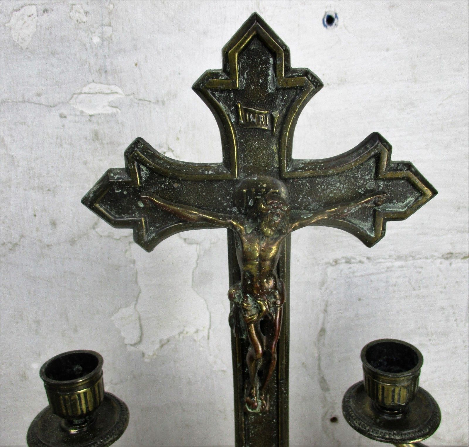 Altar Set Gorgeous Standing Crucifix With Two Candelabras Ornate Embossed Brass photo furniture