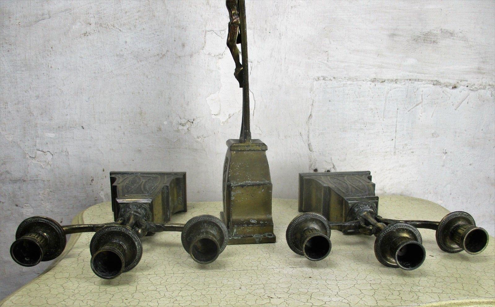 photo for sale Altar Set Gorgeous Standing Crucifix With Two Candelabras Ornate Embossed Brass