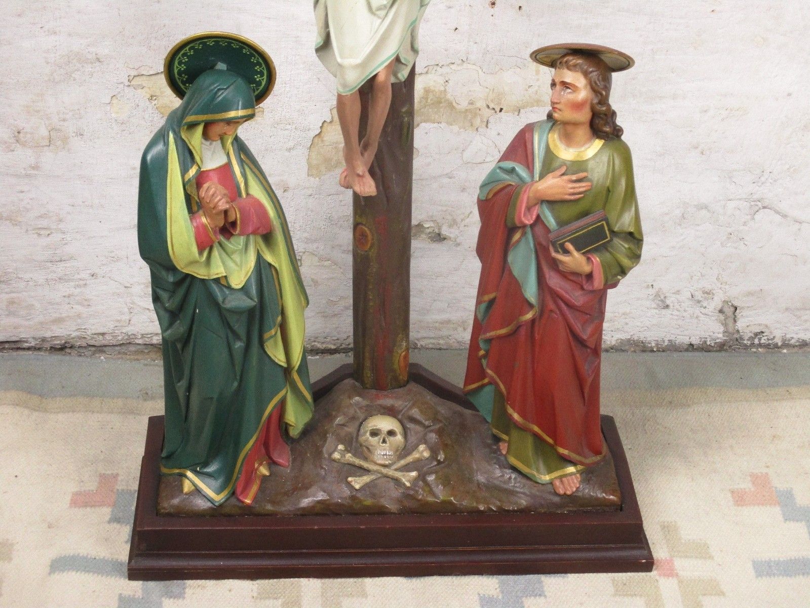 Xxl Church Quality 19th C Plaster Calvary Group Crucifix John Mary Magdalene photo Art
