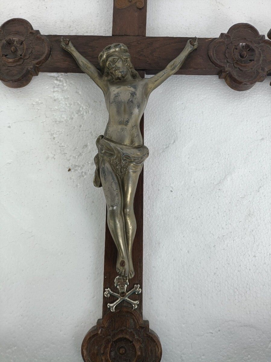 Hand Carved Wood  French Hanging Ornate Crucifix Cross Jesus Christ Fleur De Lis photo buy
