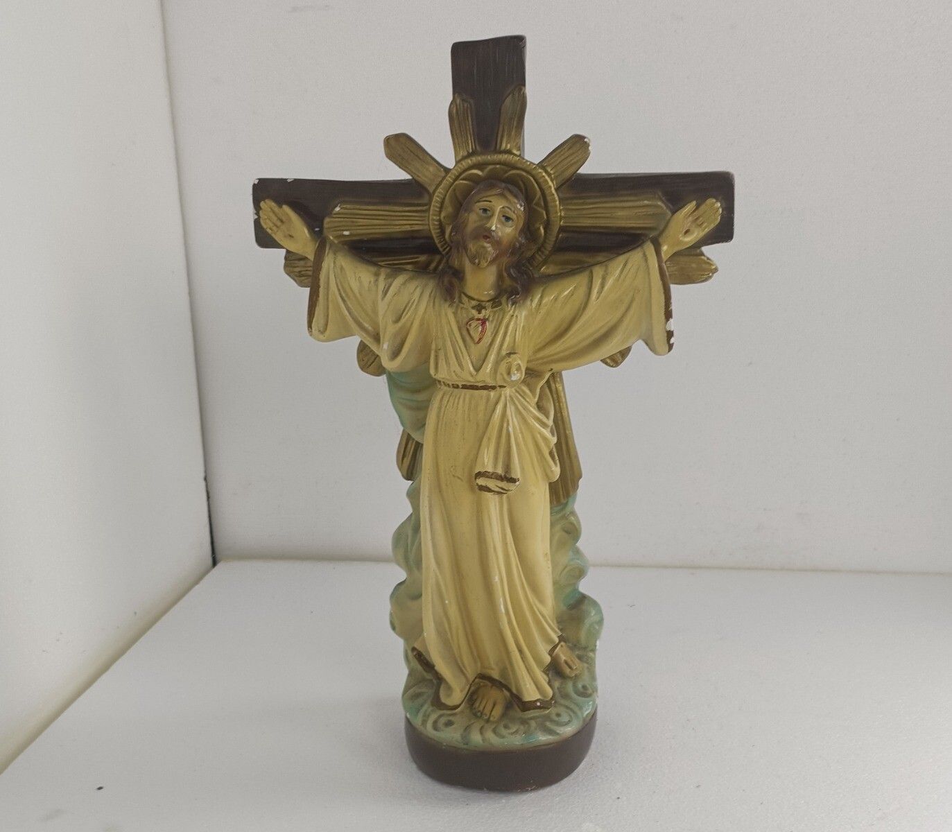 Large Antique Statue Sculpture Jesus On The Cross Crucifix Art Deco Plaster photo furniture