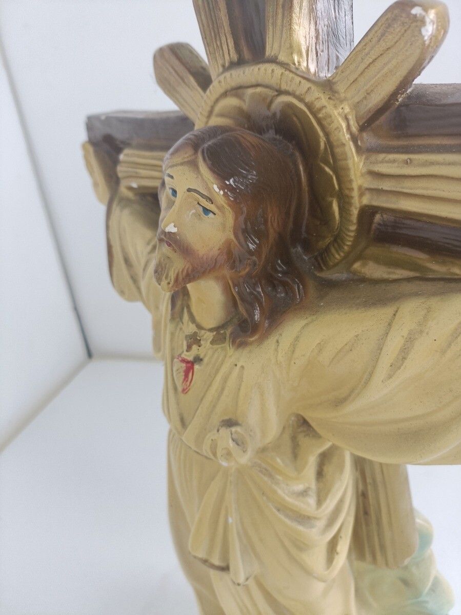 Large Antique Statue Sculpture Jesus On The Cross Crucifix Art Deco Plaster photo vintage
