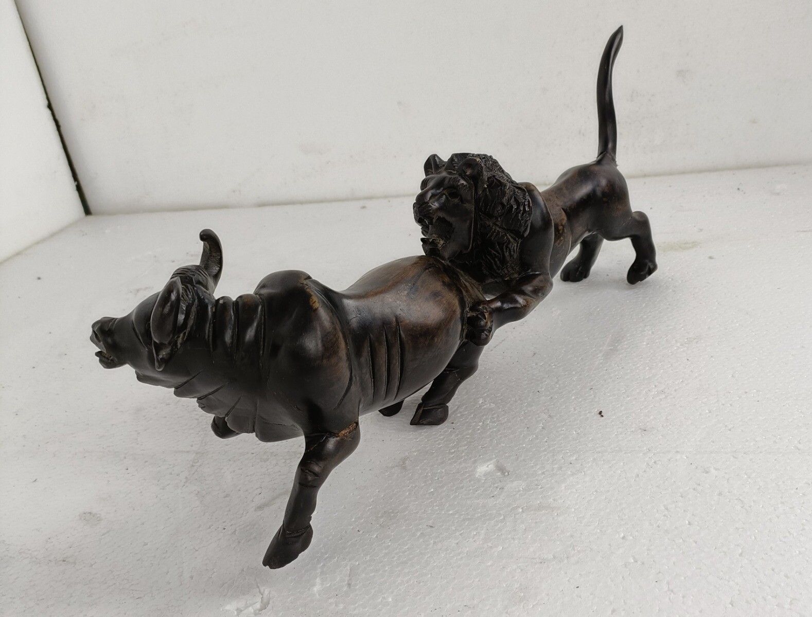 Stunning Sculpture Figurine Black Forest Hand Carved Wood Bull Lion Vintage photo for sale