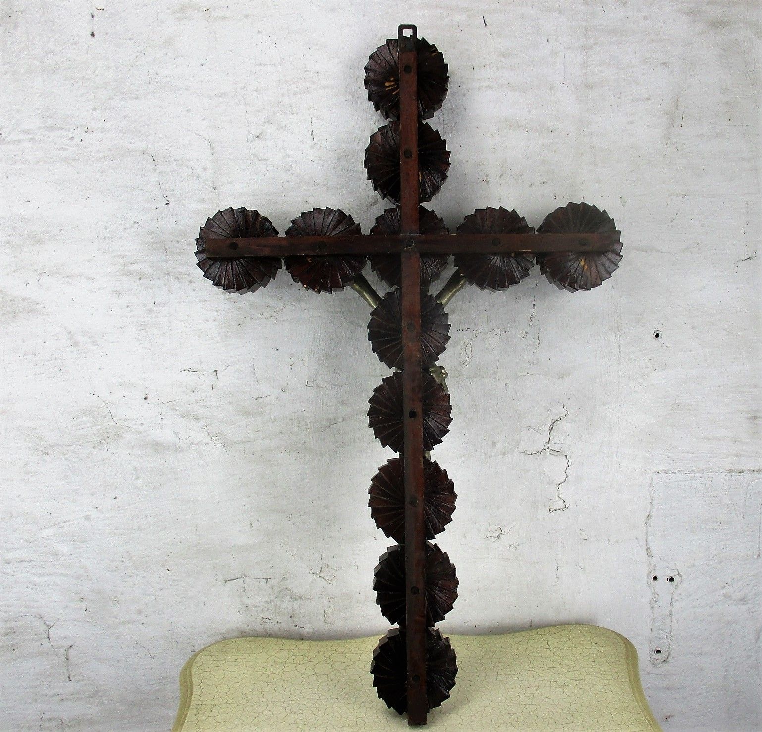 Large Hanging Wooden Wall Crucifix Cross Folk Tramp Art Htf Spelter Corpus 33.4" photo vintage