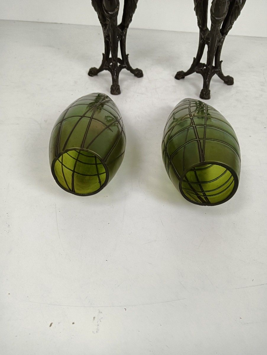 Pair Art Nouveau Iridescent Art Glass Vases With Spelter Base Palme Koenig Desig photo buy