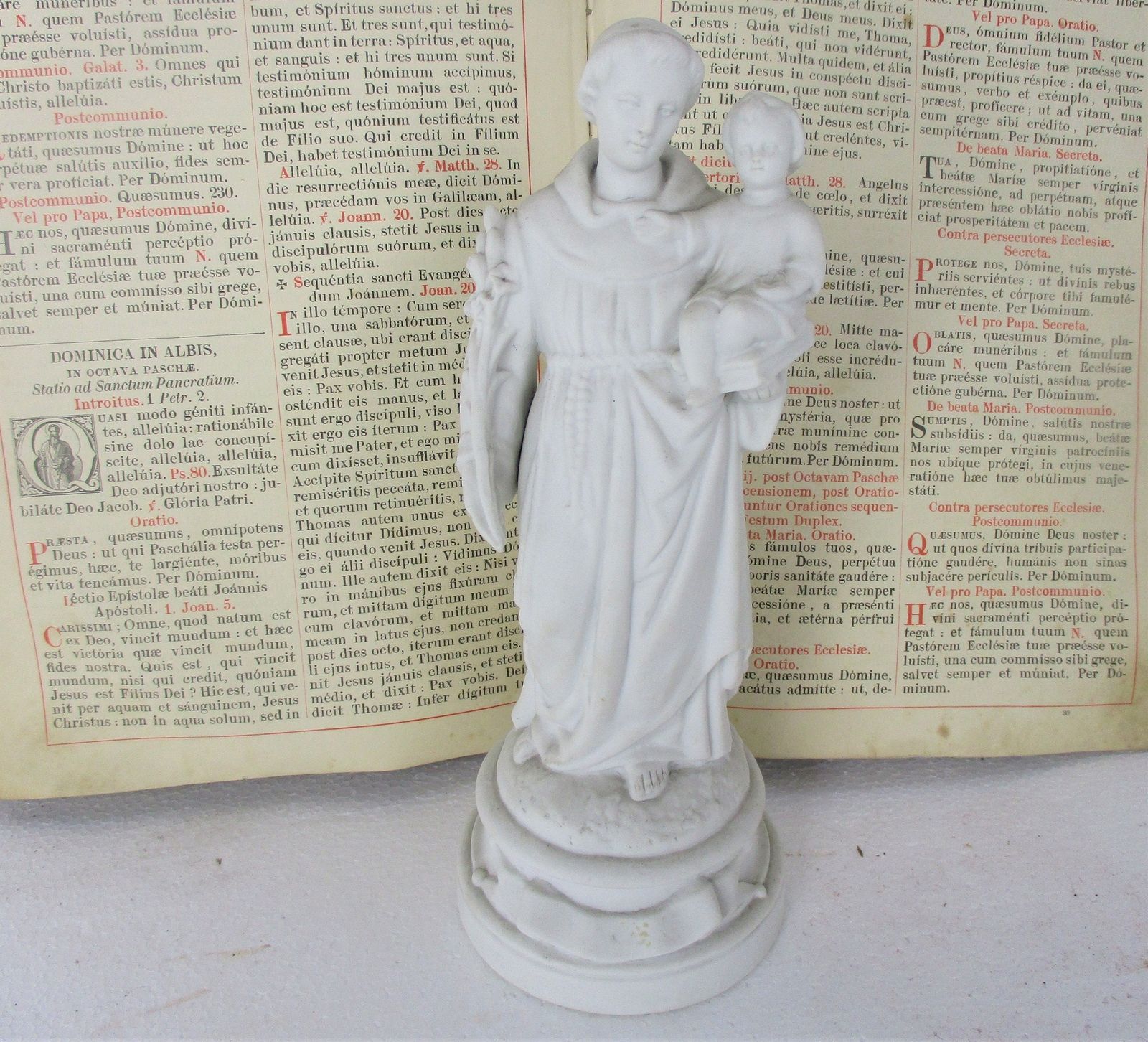 French Antique 1900 Bisque Statue Saint Anthony Padua Infant Child Lilies Marked