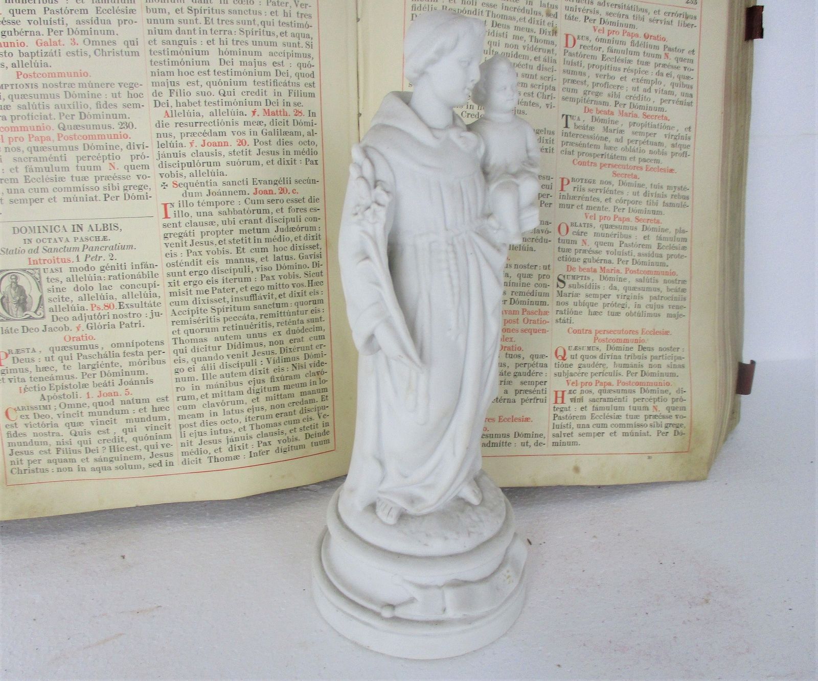 French Antique 1900 Bisque Statue Saint Anthony Padua Infant Child Lilies Marked photo Art