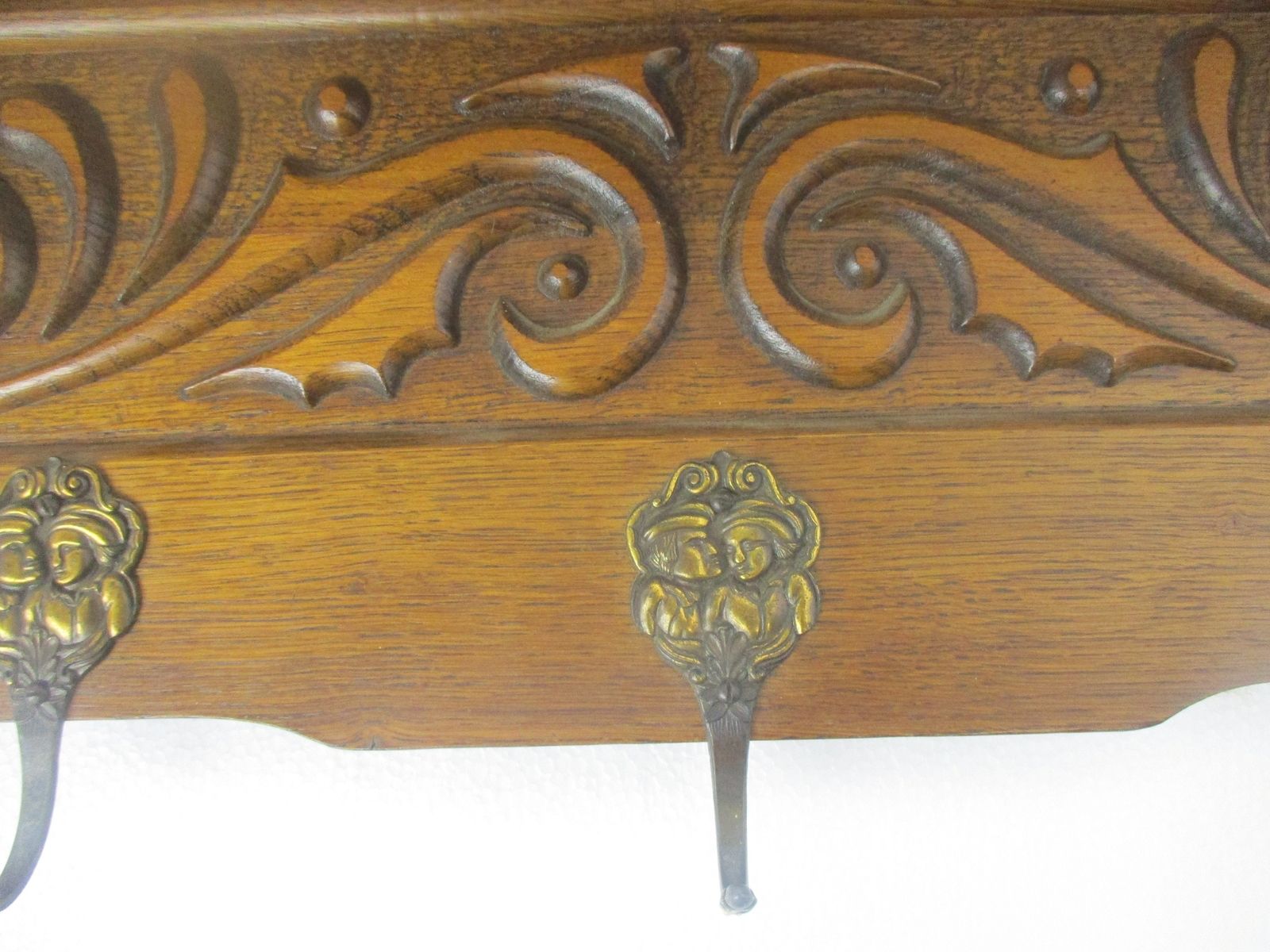 photo furniture Ornate Hand Carved Wood French Oak Coat Hat Rack Mid Century Modern