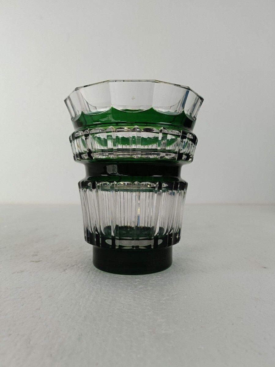 Green Cut To Clear Crystal Vase Val St Lambert Art Glass Etched Marking photo furniture