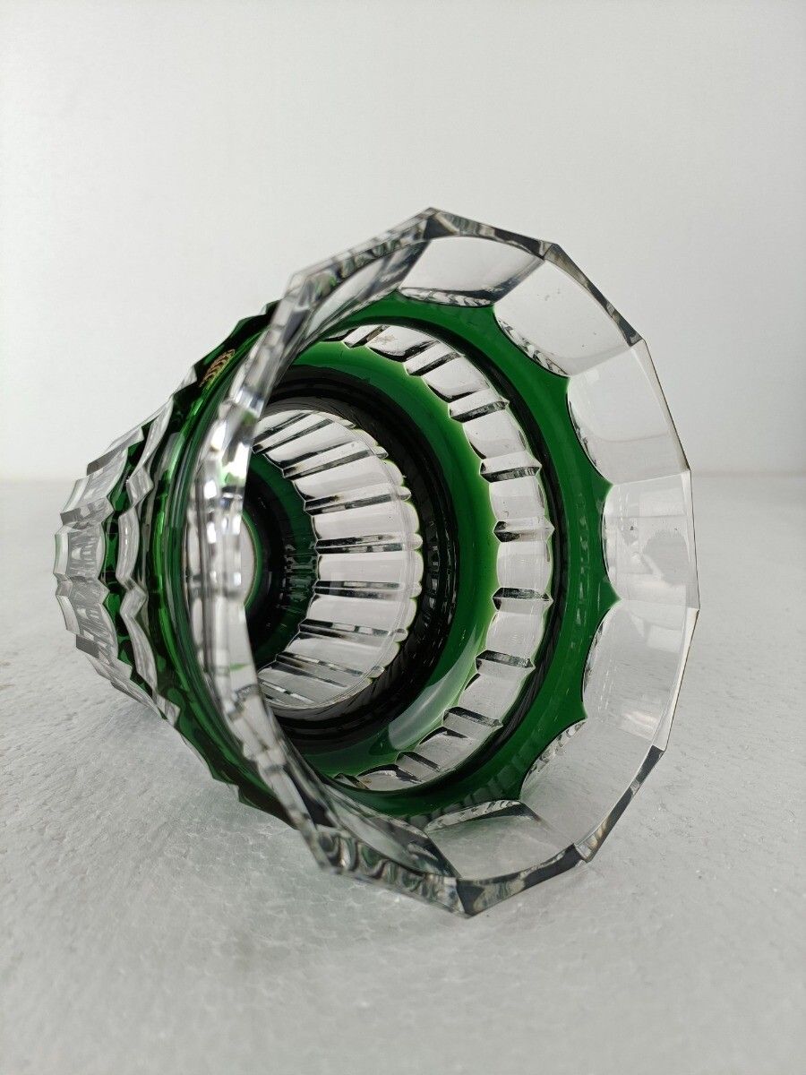 Green Cut To Clear Crystal Vase Val St Lambert Art Glass Etched Marking photo for sale