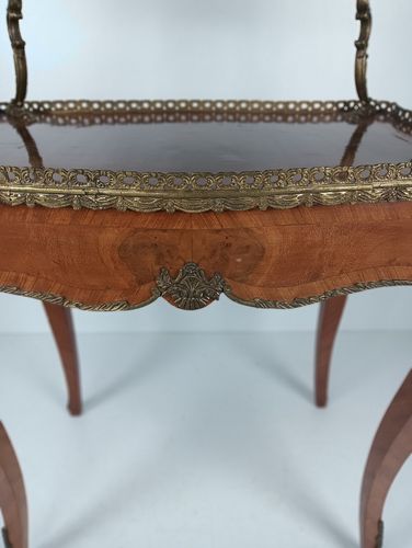 Two Tier Marquetry Table Wood Brass Trims Over Tier Hollywood Regency Wow photo furniture