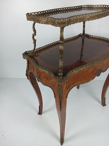 Two Tier Marquetry Table Wood Brass Trims Over Tier Hollywood Regency Wow photo for sale