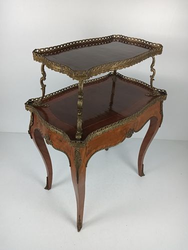 Two Tier Marquetry Table Wood Brass Trims Over Tier Hollywood Regency Wow photo Furniture