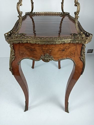 Two Tier Marquetry Table Wood Brass Trims Over Tier Hollywood Regency Wow photo vintage