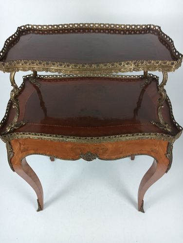 photo furniture Two Tier Marquetry Table Wood Brass Trims Over Tier Hollywood Regency Wow