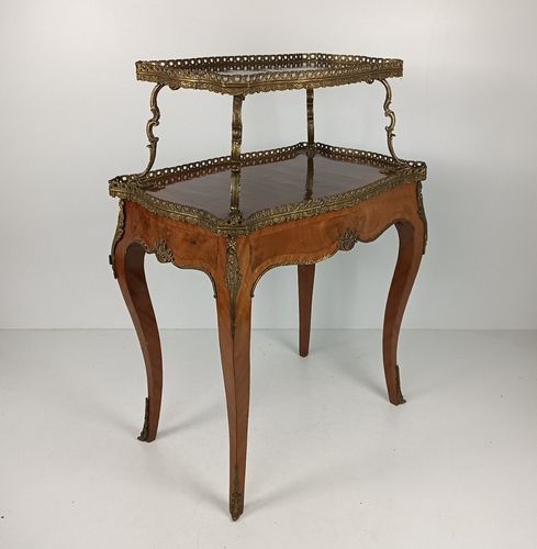 890.0 Two Tier Marquetry Table Wood Brass Trims Over Tier Hollywood Regency Wow photo