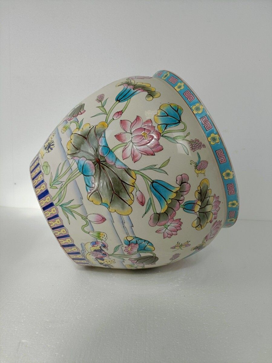 Chinese Porcelain Enamel Koi Fish Bowl Planter Vase Flowers Cachepot 10"  Vintag photo vinterior