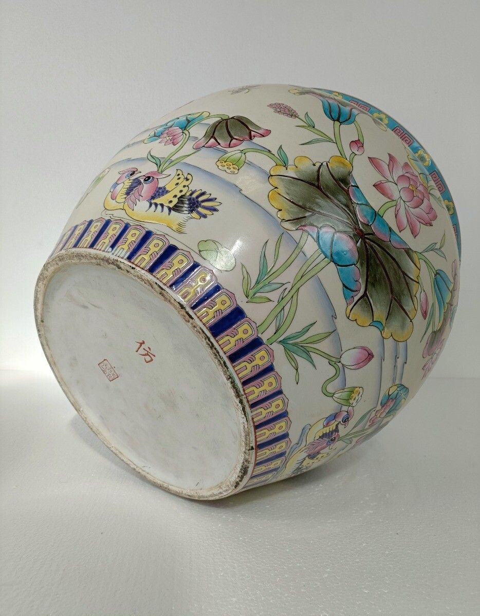 Chinese Porcelain Enamel Koi Fish Bowl Planter Vase Flowers Cachepot 10"  Vintag photo buy