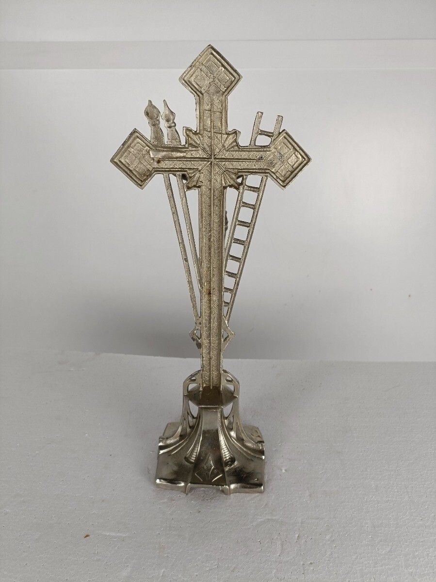Art Modernist Standing Crucifix Silver Plated Spelter Tools Of Passion Cross Jesus C photo