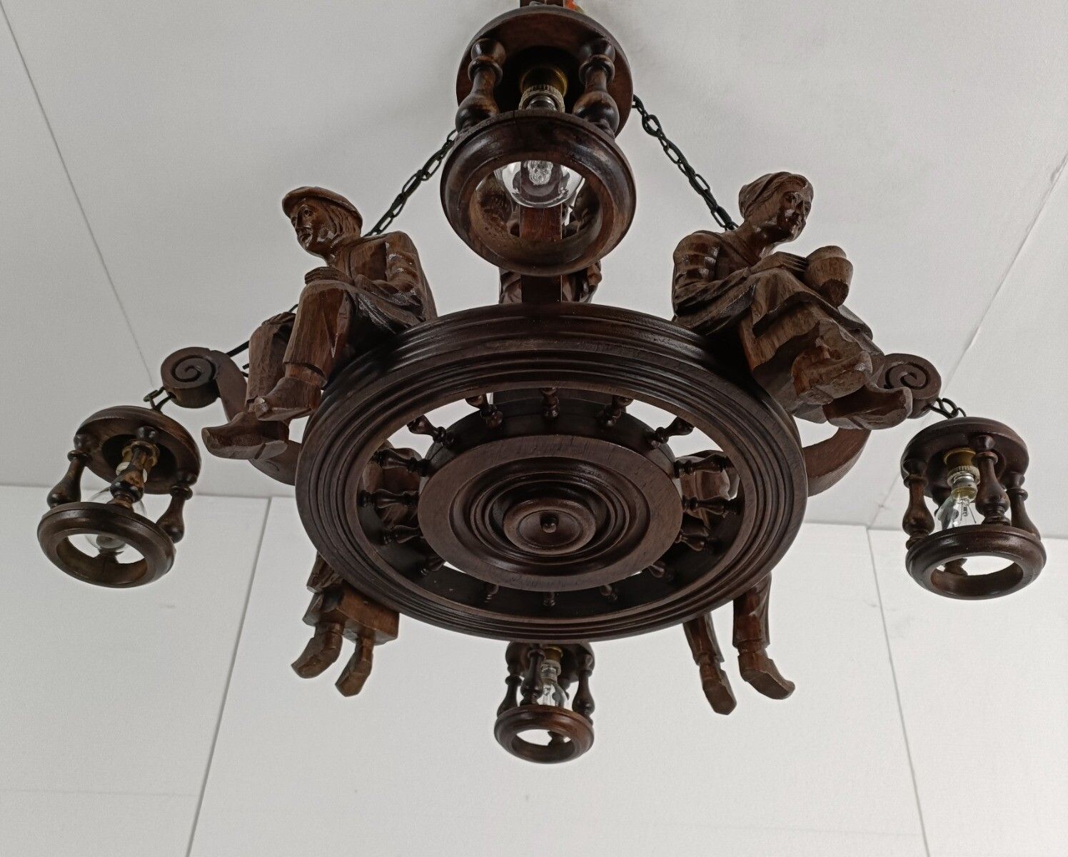Impressive Hand Carved Wooden Chandelier Breton Signed J C Lordeux France Figuri photo 1173.0