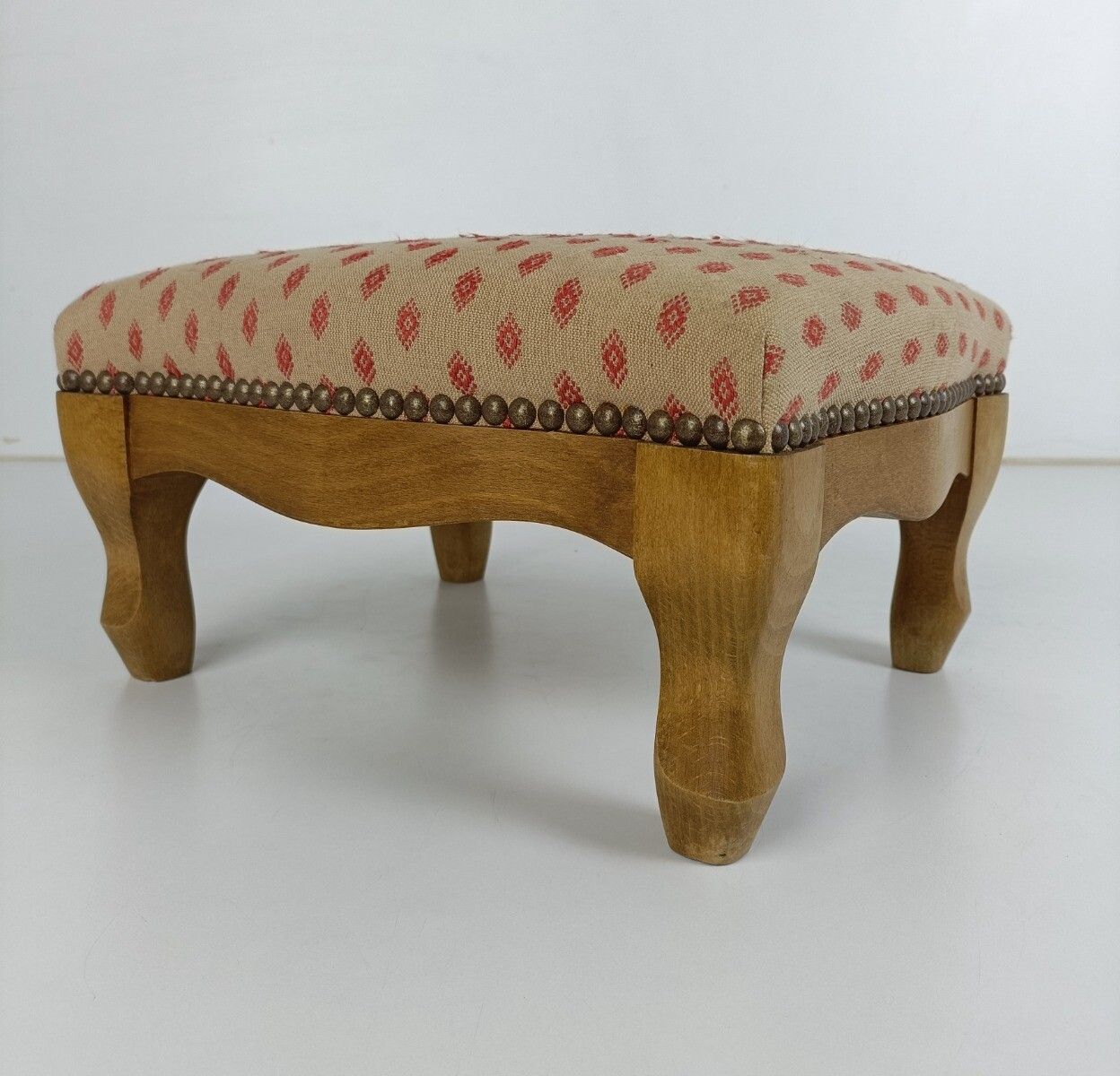Antique Low Footstool Ottoman French Pink Fabric Louis XV Style Hobnails photo Furniture