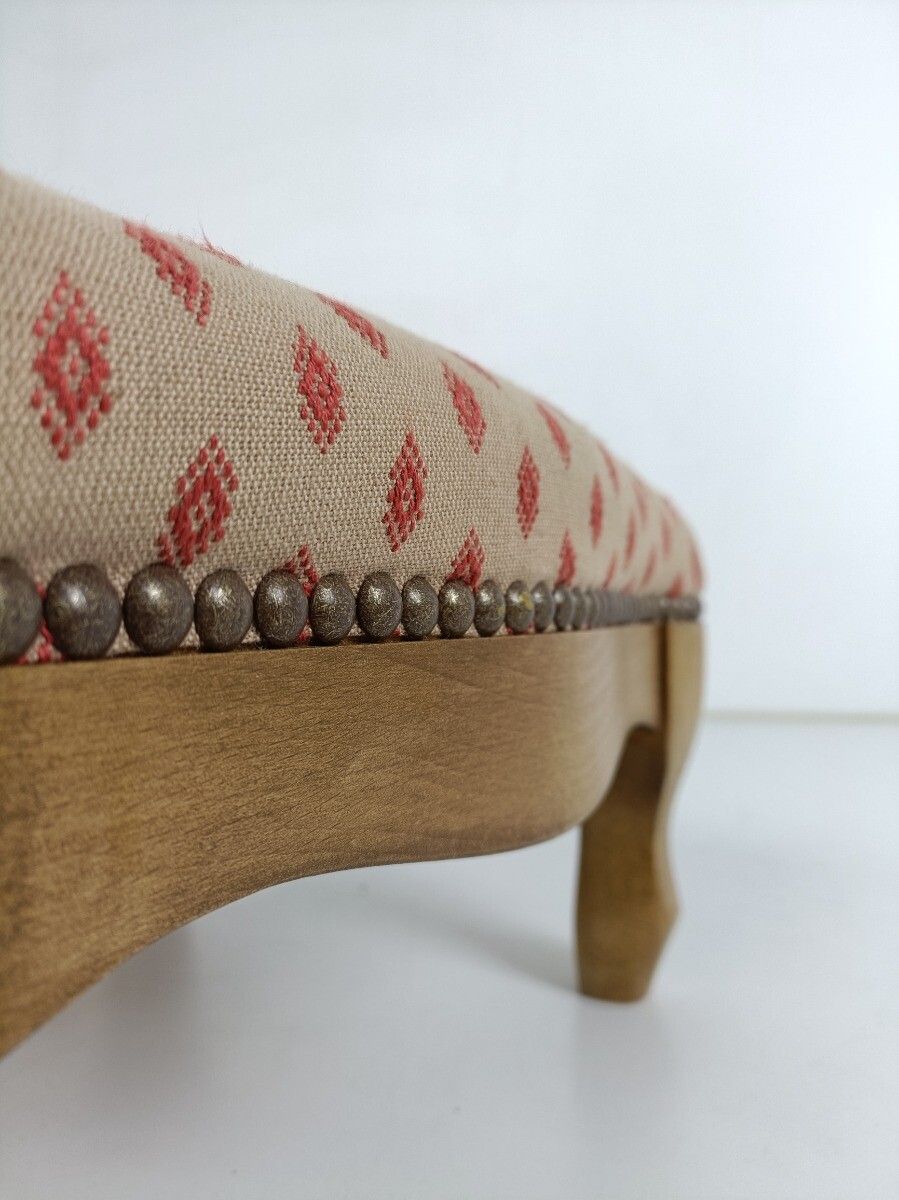 photo for sale Antique Low Footstool Ottoman French Pink Fabric Louis XV Style Hobnails
