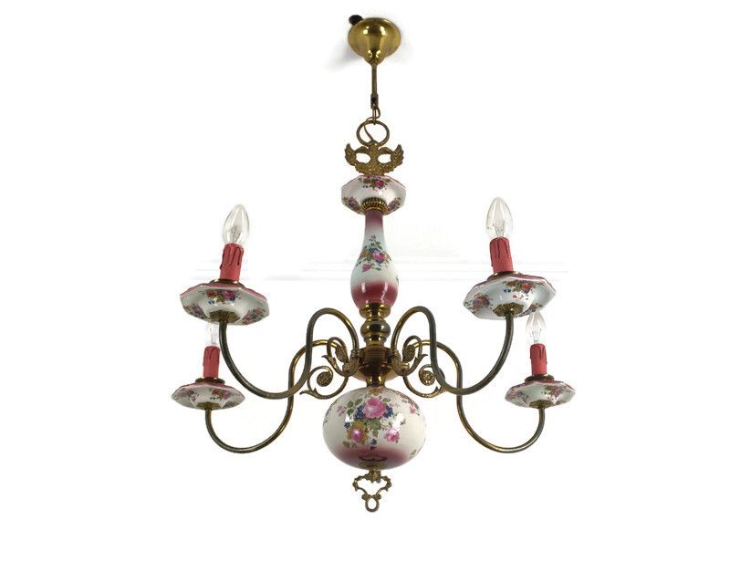 Chandelier 5 Arm Lights Brass Porcelain Flowers Italian Italy Fixture Lamp Vinta