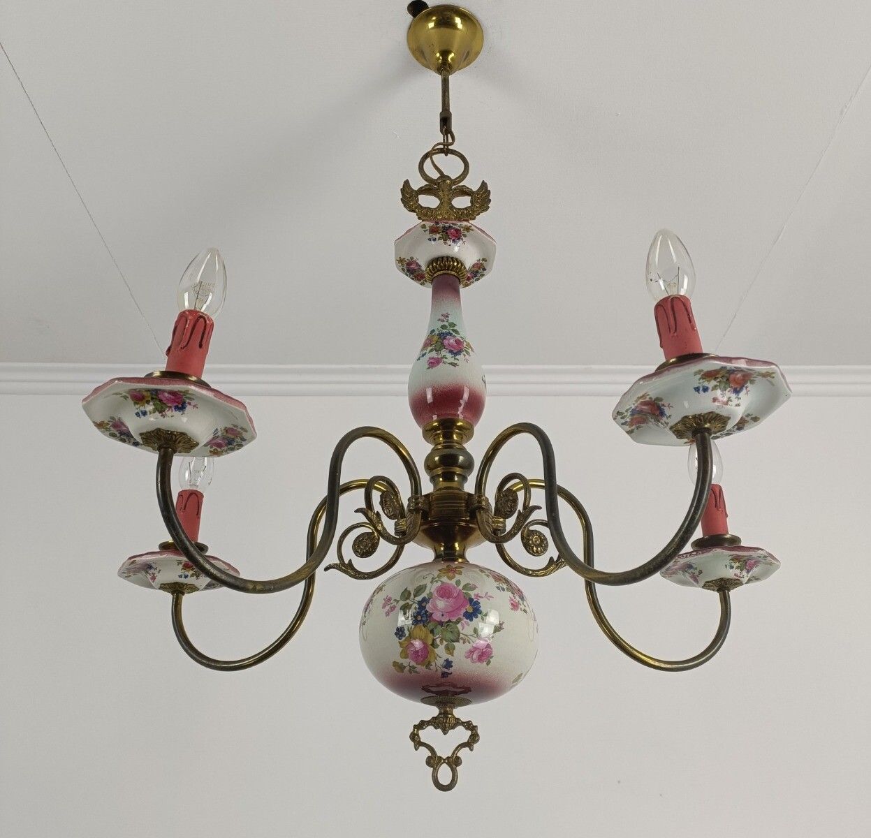 Chandelier 5 Arm Lights Brass Porcelain Flowers Italian Italy Fixture Lamp Vinta photo for sale