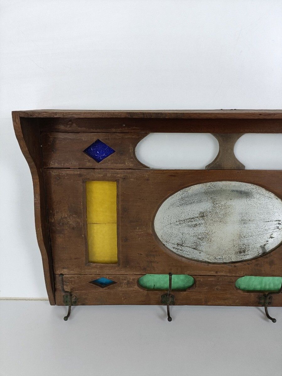 Gorgeous Antique Coat Rack Kitchen Rack Colored Art Glass Hallway photo vintage