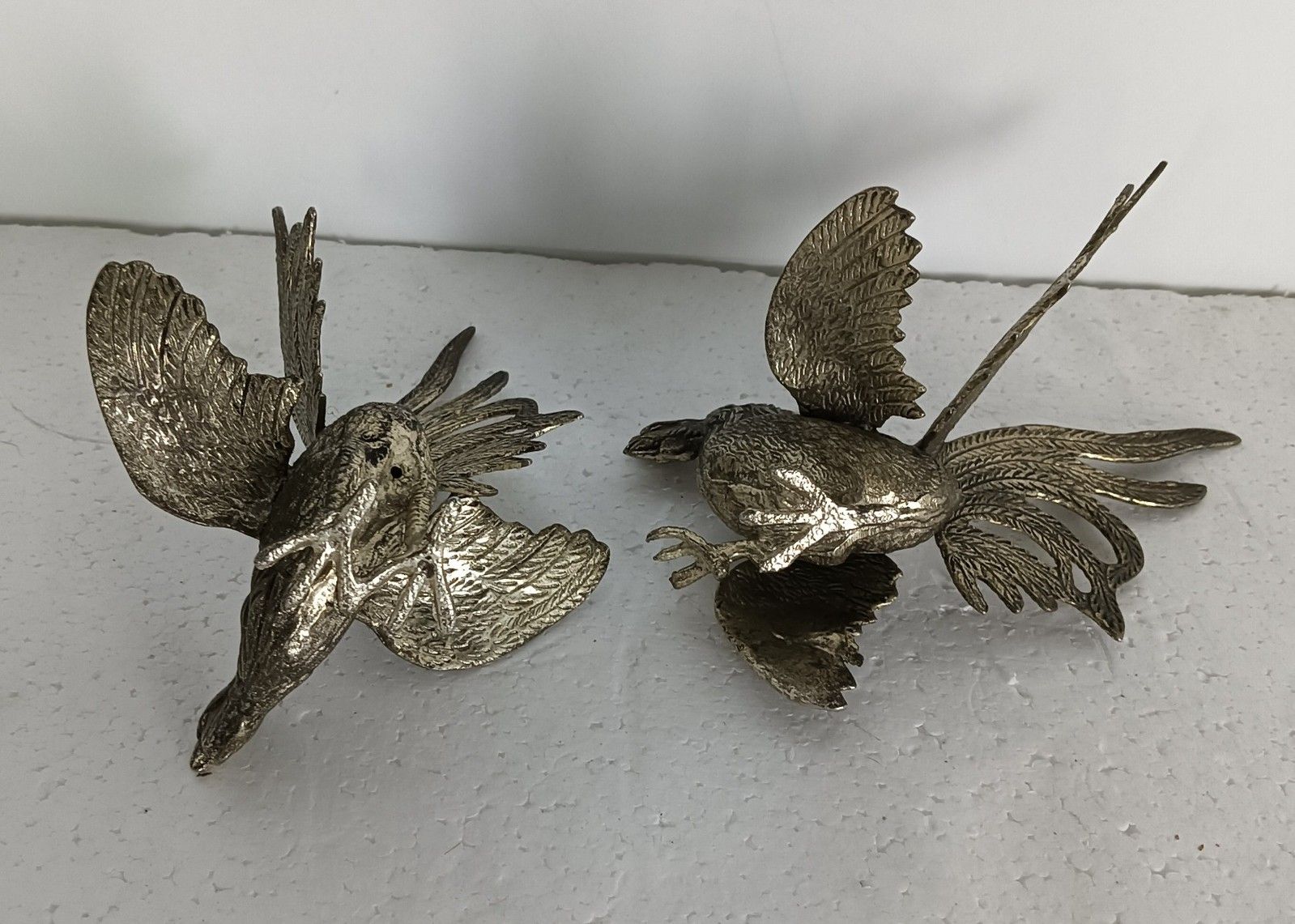 Couple Fighting Rooster Cocks Silver Colored Metal  Mid Century Modern photo vintage
