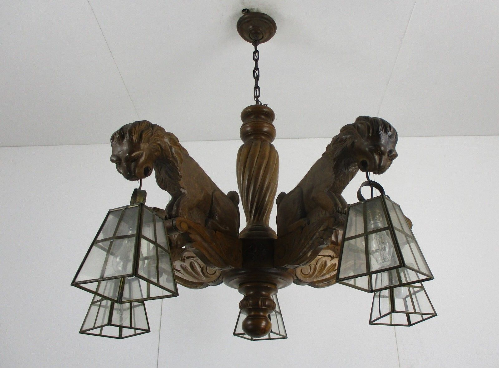 Lighting Hand Carved Wooden Chandelier  5 Arm Lights Barn Country Lion Heads Wow photo