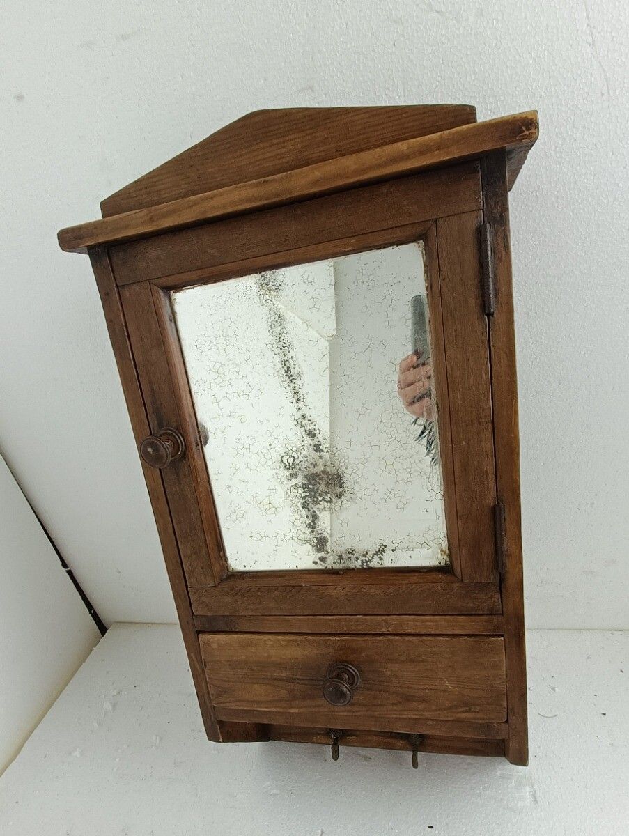 Medicine Cabinet, Apothecary, Pharmacy, Wall Hanging, Carved Wood, Towel Hooks B photo for sale